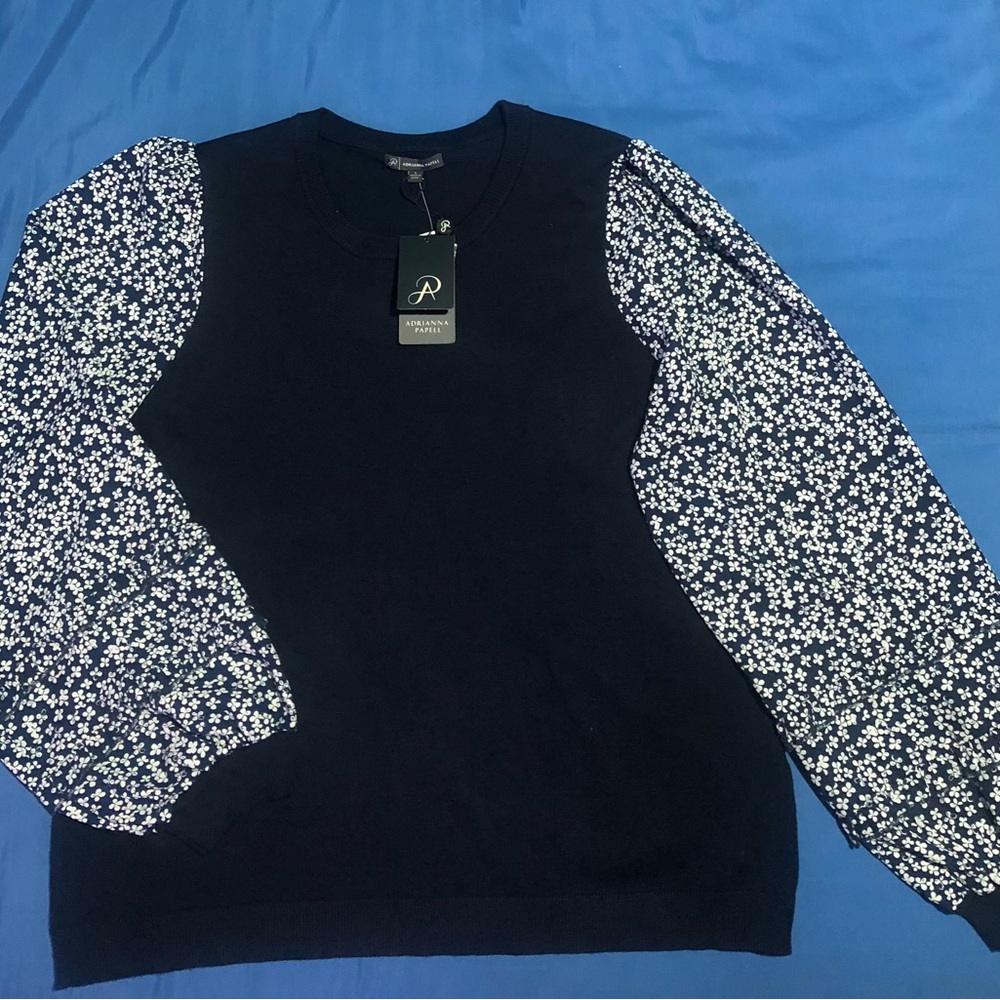 Adrianna Papell Ruffled Print Twofer Sweater, Navy and White Floral Sleeves, L